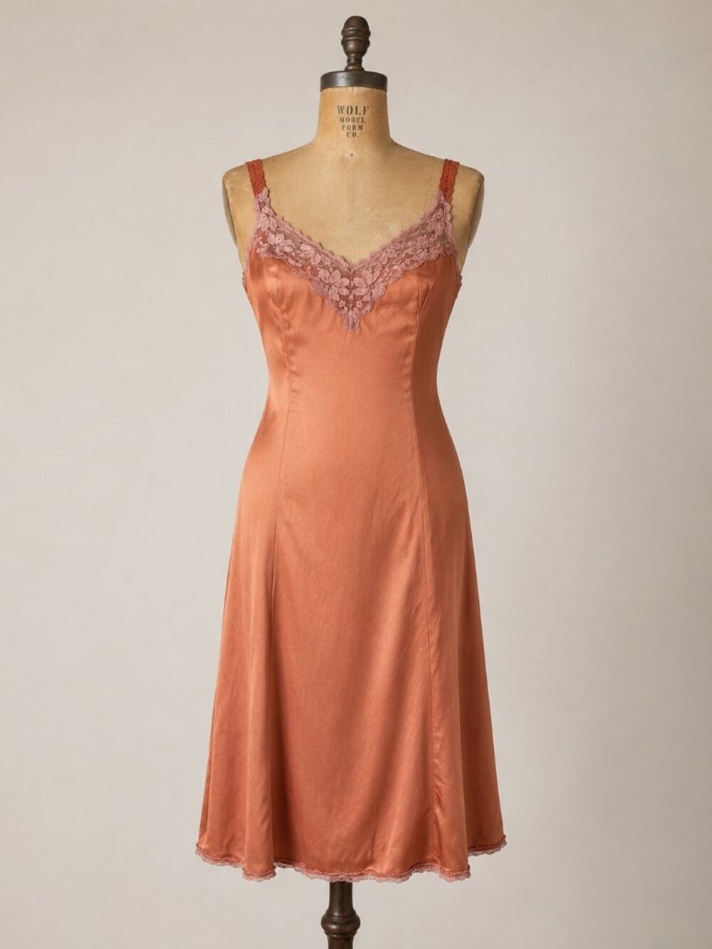 Vintage Maidenform Satin Lace Midi Slip Dress Romantic 90s Lingerie Copper